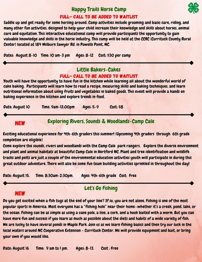 Currituck 4-H Summer Fun Camp Information