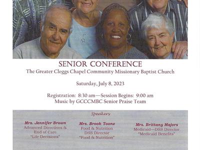 Group of seniors above text: "Senior Conference" — Saturday, July 8, 2023 — Timberlake, NC