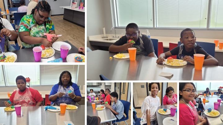 several photos of children decorating and eating cupcakes