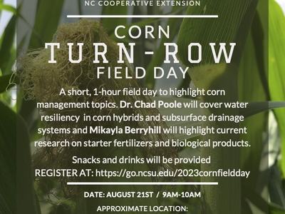 Corn Turn-Row Field Day flyer — Aug 21, 9–10AM, 369 Walnut Grove Church Rd