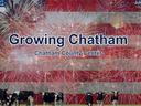 Flag and fireworks background with cows; text 'Growing Chatham, Chatham County Center, July 2023'
