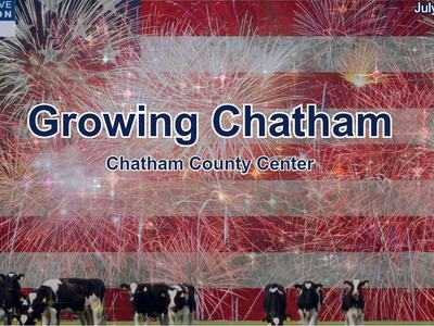 Flag and fireworks background with cows; text 'Growing Chatham, Chatham County Center, July 2023'