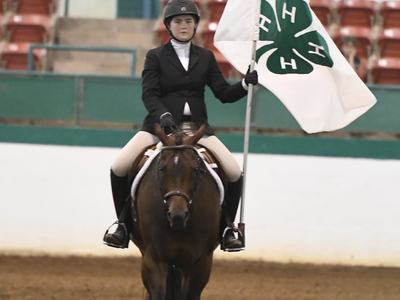 Rider on horse holding white flag with green 4‑H clover and H letters