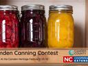 Three jars of canned fruit on shelf; text "Camden Canning Contest" and "At the Camden Heritage Festival 9/23/23"