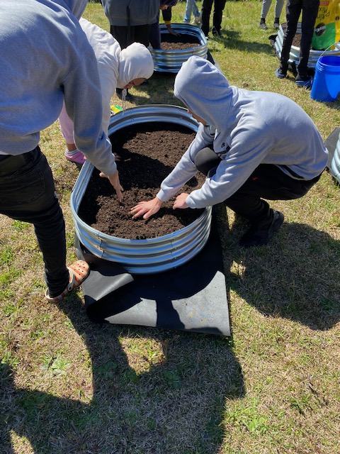 students working in garden