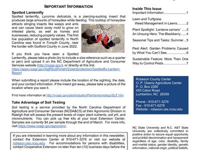 The Carolina Sandhills Gardener newsletter front page, June–August 2023, spotted lanternfly article