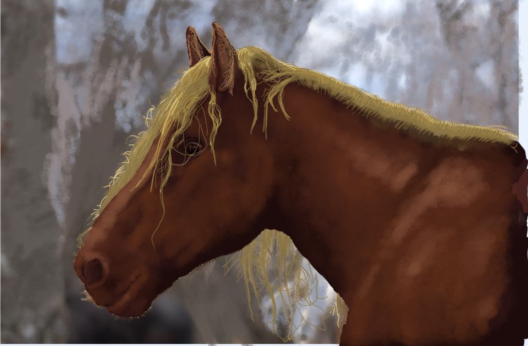 Chestnut horse head in profile with long blonde mane against blurred trees