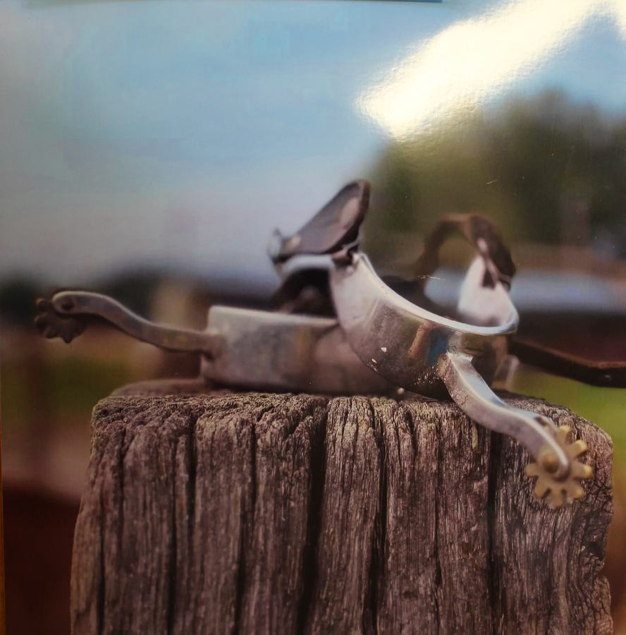 Pair of metal cowboy spurs resting on a weathered wooden fence post