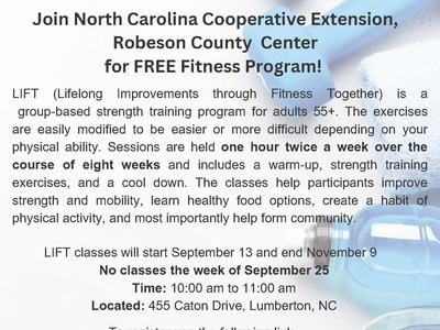 NC Cooperative Extension Robeson County — Free LIFT fitness for adults 55+, one hour twice weekly