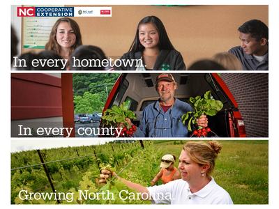 A Backdrop display that says N.C. Cooperative Extension is In Every Hometown and Every County Growing North Carolina.