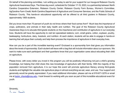 NC Cooperative Extension letter dated June 26, 2023 about Robeson County Agricultural Awareness Days