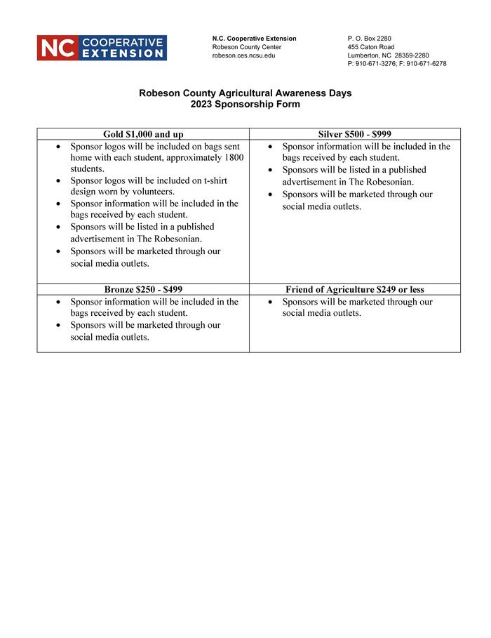 Robeson County Agricultural Awareness Days, 2023 Sponsorship Form