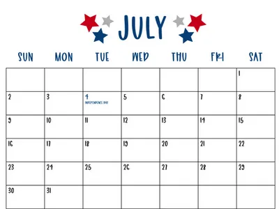 July calendar grid showing weekdays SUN–SAT and July 4 labeled "Independence Day."