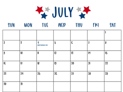 July calendar grid showing weekdays SUN–SAT and July 4 labeled "Independence Day."