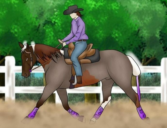 Rider in cowboy hat and purple shirt trotting a brown horse with purple leg wraps in arena