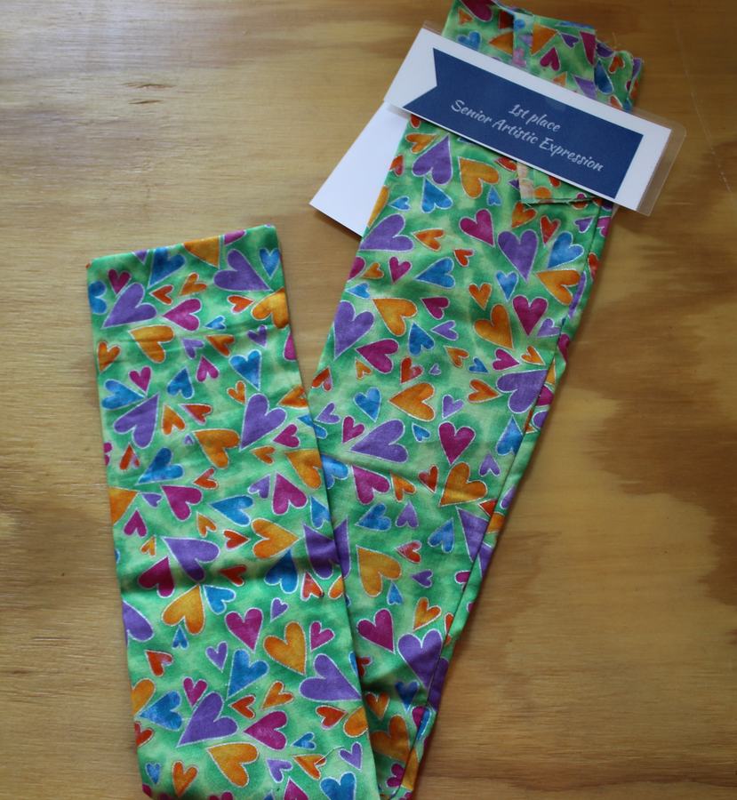 Two green fabric strips with multicolored hearts; tag: '1st place Senior Artistic Expression' on wood