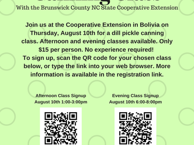 Dill Pickle Canning Class — Aug 10 at Cooperative Extension in Bolivia; QR codes for signup