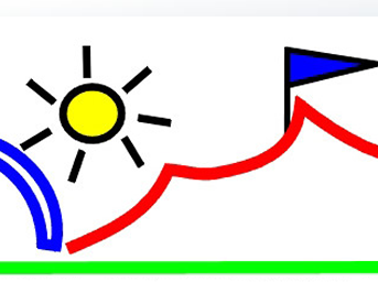 Sun over blue semicircular arch and red ridgetop with blue flag above green ground