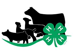 Silhouettes of a cow, pig, sheep, and calf with green 4‑H clover (H on each leaf)