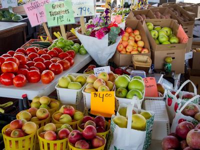 Locally grown vegetables and fruit for sale.