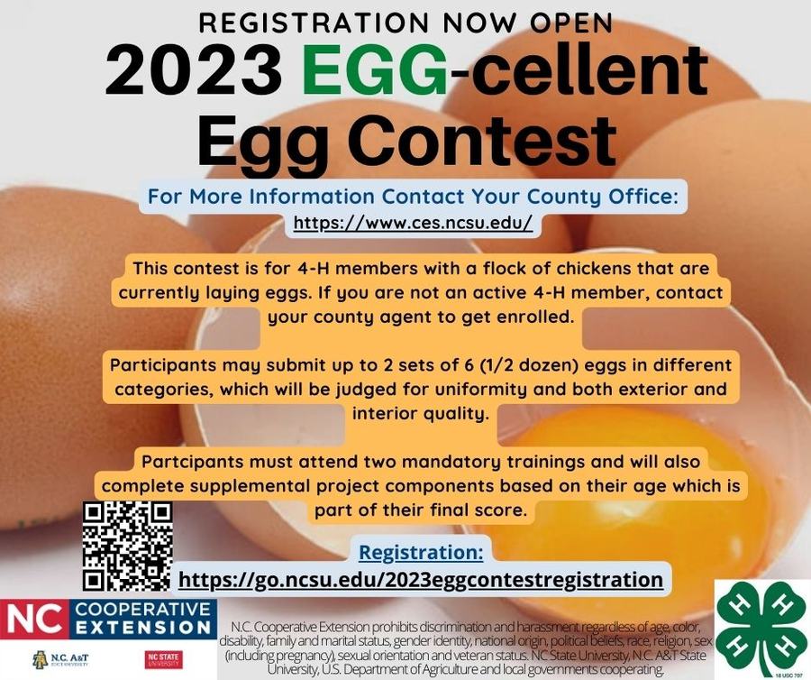 This contest is for 4-H members with a flock of chickens that are currently laying eggs. If you are not an active 4-H member, contact your county agent to get enrolled. Participants may submit up to 2 sets of 6 (1/2 dozen) eggs in different categories, which will be judged for uniformity and both exterior and interior quality. Partcipants must attend two mandatory trainings and will also complete supplemental project components based on their age which is part of their final score.