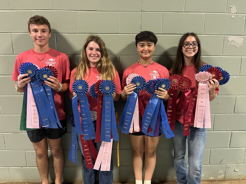 Four teens in red shirts standing against a cinderblock wall holding many award ribbons