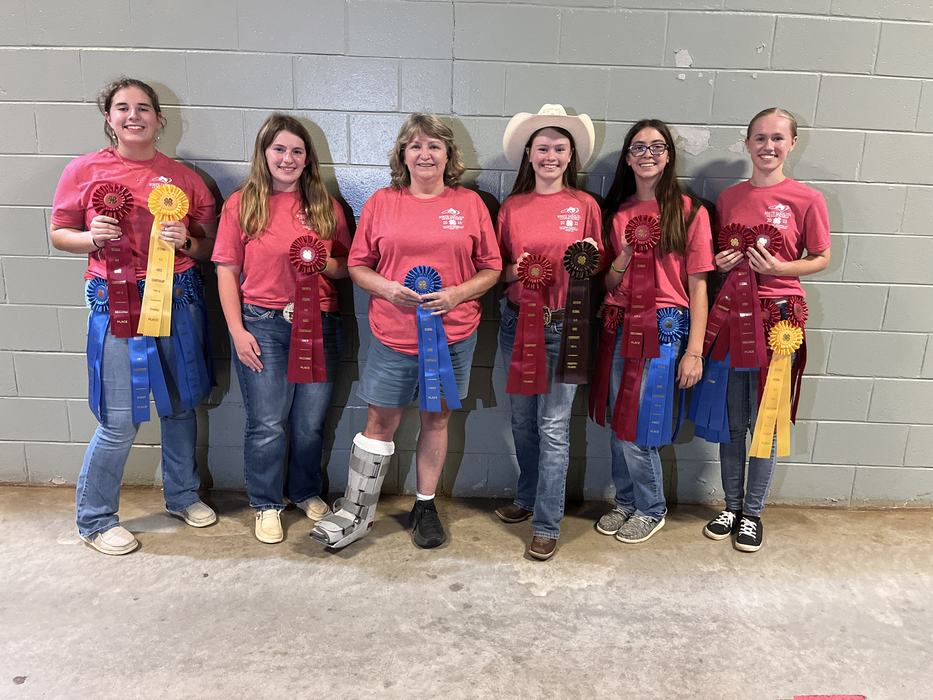 Seven people in pink shirts standing against a wall holding blue, red, and yellow award ribbons