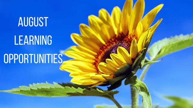Sunflower against blue sky with the words August Learning Opportunities