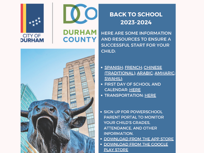 Durham resources flyer — Back to School 2023-2024 with City of Durham and Durham County logos
