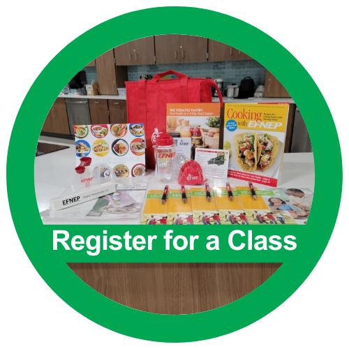 Table display of EFNEP cooking supplies and materials; text "Register for a Class"