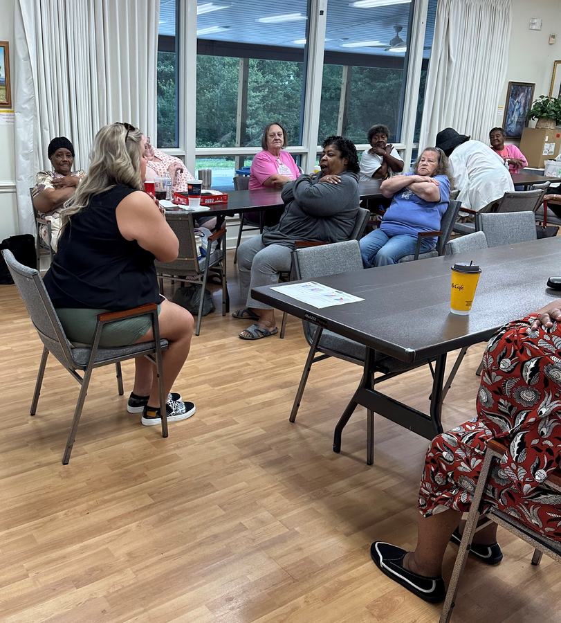 Women sit around a table.