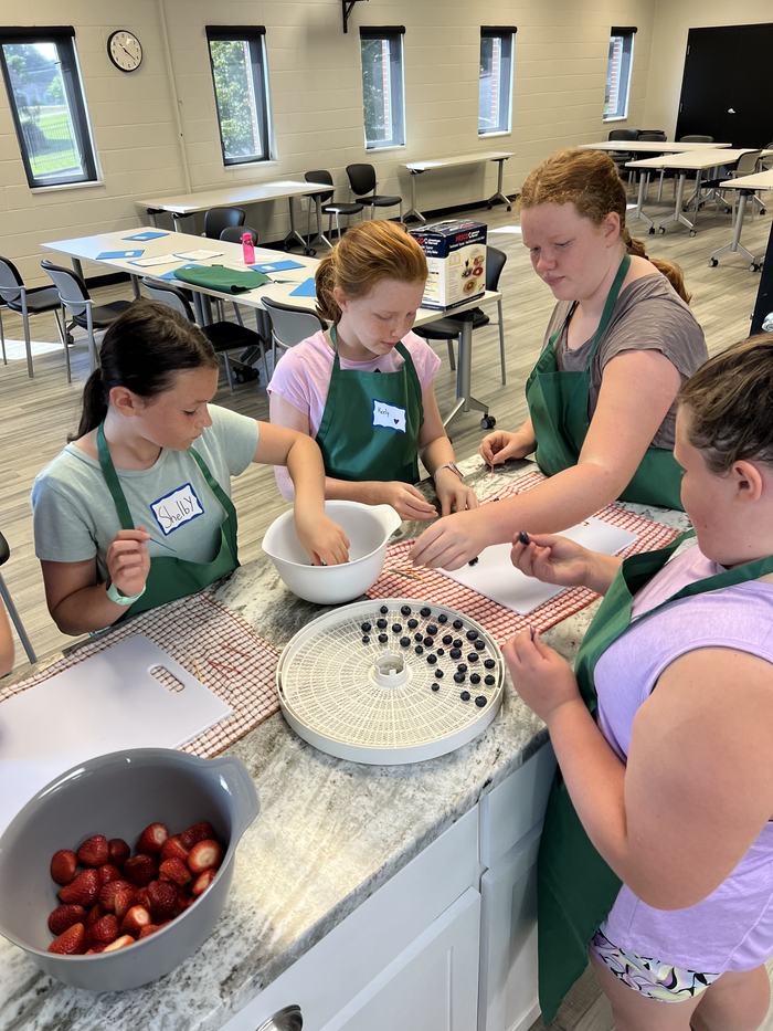 Four girls in green aprons arranging blueberries on a dehydrator tray; name tag "Shelby" visible
