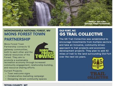 Community Spotlights: Engagement flyer; waterfall photo; Mons Forest Town and G5 Trail Collective