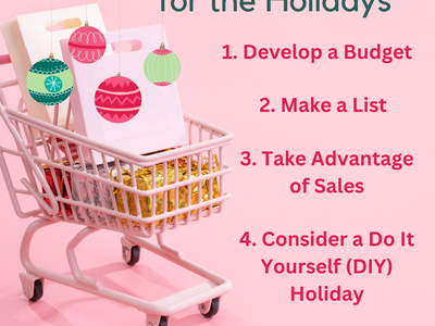 Shopping cart with gifts; text: "Holiday Planning Strategies" and tips: Budget, List, Sales, DIY