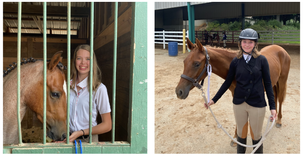 Two girls pose with their horses at a show