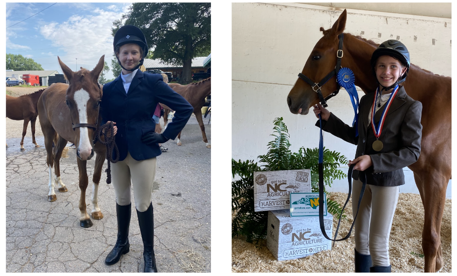 Girls pose with their horses, one displays a blue ribbon