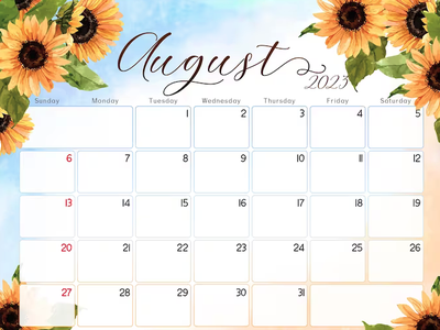 August 2023 calendar with sunflower borders, monthly grid and weekday headings