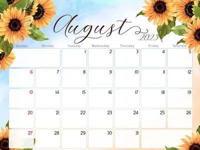 August 2023 calendar with sunflower borders, monthly grid and weekday headings