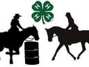 Two silhouetted horseback riders, one near a barrel, with green 4‑H clover logo above.