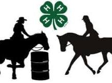 Two silhouetted horseback riders, one near a barrel, with green 4‑H clover logo above.