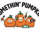 Three cartoon pumpkins holding spoon, cupcake, paintbrush, camera under text "SOMETHIN' PUMPKIN" and "2023"