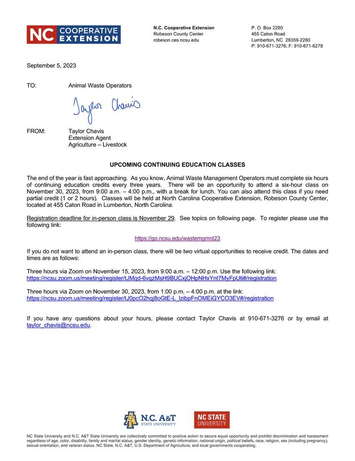 Upcoming Continuing Education Classes letter from Taylor Chavis
