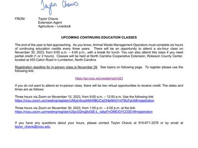 NC Cooperative Extension notice: continuing education classes for Animal Waste Operators