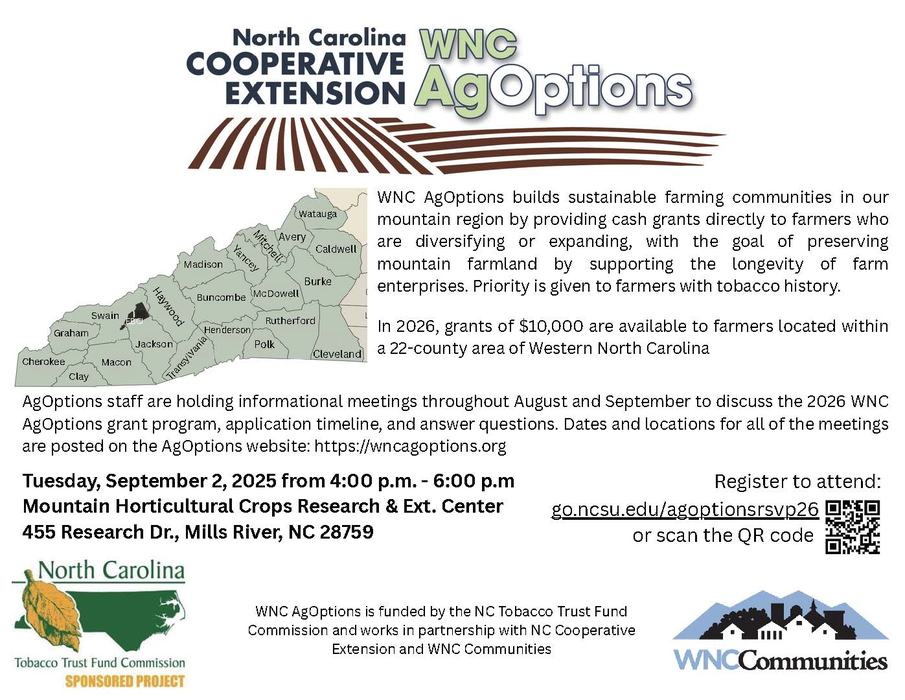 WNC AgOptions flyer: $10,000 grants; informational meeting Sept 2, 2025 4–6pm Mills River, NC