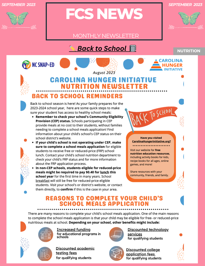 FCS News Sept. 2023 page 1 Carolina Hunger Initiative Nutrition Newsletter