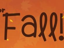 Text "Flavor of Fall!" on orange background with scattered yellow autumn leaves