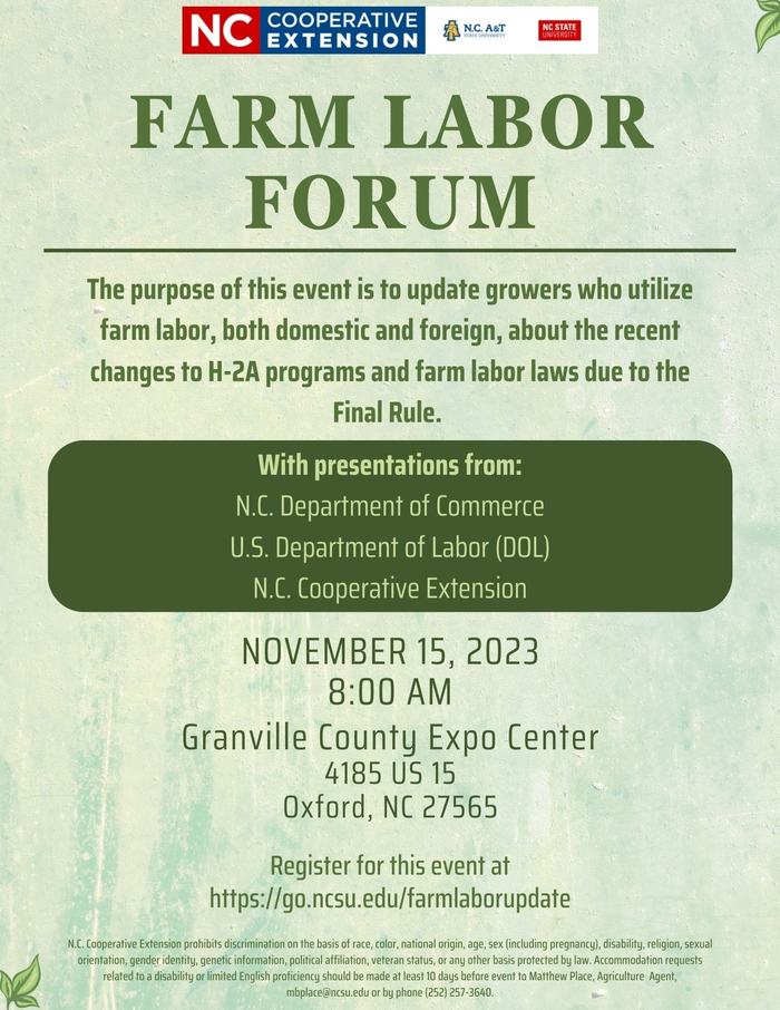 FARM LABOR FORUM event flier- description,date, time, location and rgistratin informatin.