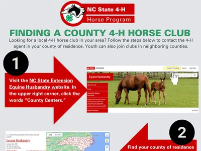 Infographic: "Finding a County 4‑H Horse Club" — 4 steps using NC State Extension: open County Centers, select your county, click "Meet Our Staff," contact the 4‑H Youth Development/Extension Agent. Includes QR code and email equinehusbandry.ces.ncsu.edu