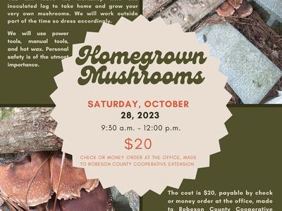 Homegrown Mushrooms workshop flyer — Saturday, October 28, 2023, $20