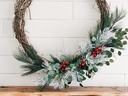 Grapevine wreath with frosted pine, eucalyptus, and red berries above wooden mantel